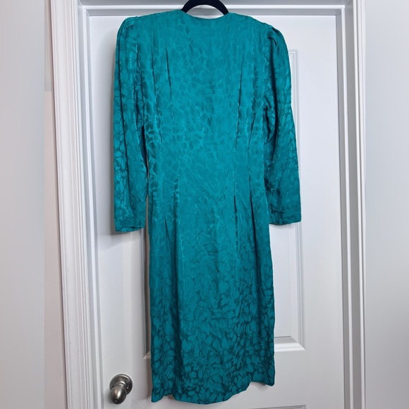 Vintage Adrianna Papell 💯Silk Sheath Teal Green Button Down Dress Women's 6 - Picture 5 of 6